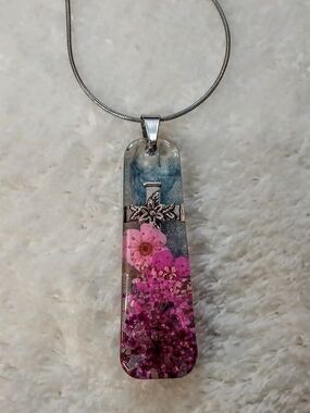 Handmade Pink Floral Resin Pendant Necklace - Silver Tone